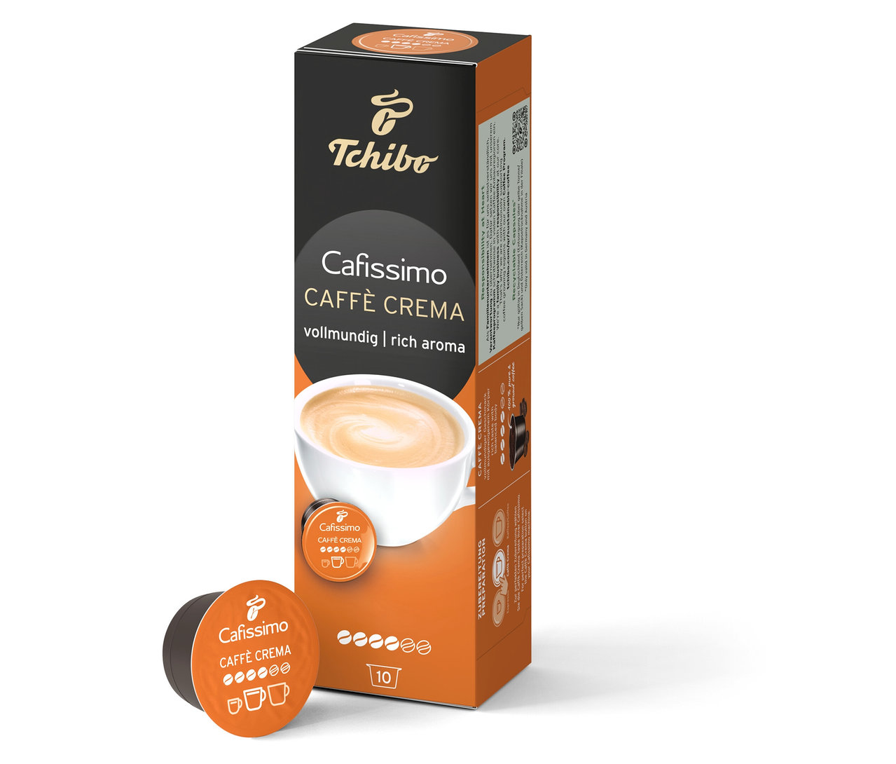 Widoczny pakiet Cafissimo Caffè Crema vollmundig i kapsułka.