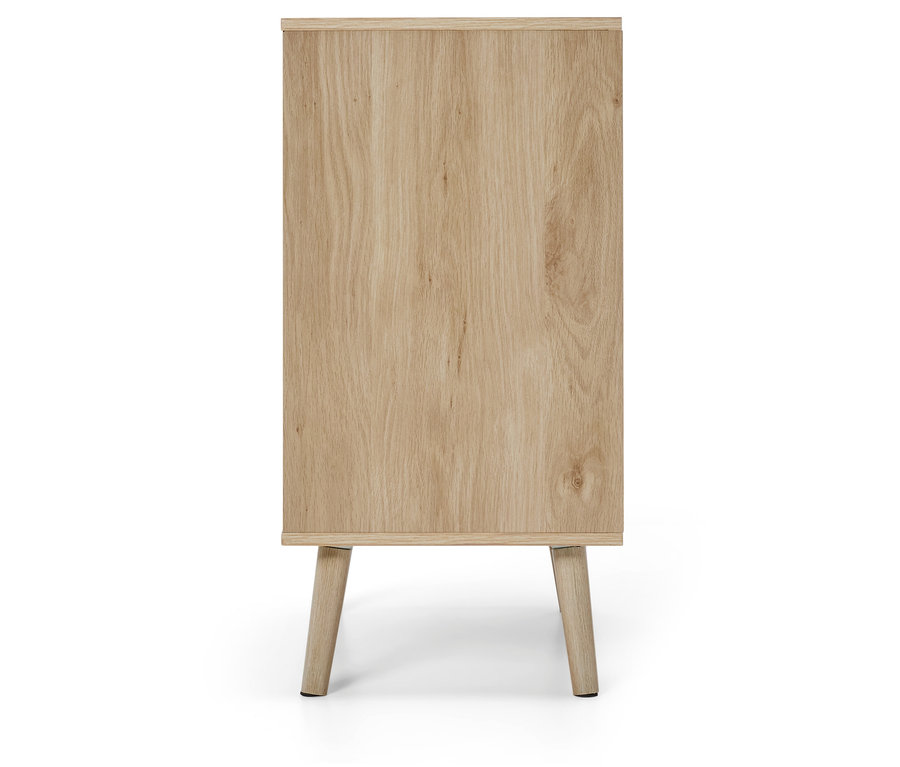 Komoda z jasnego drewna z nogami.