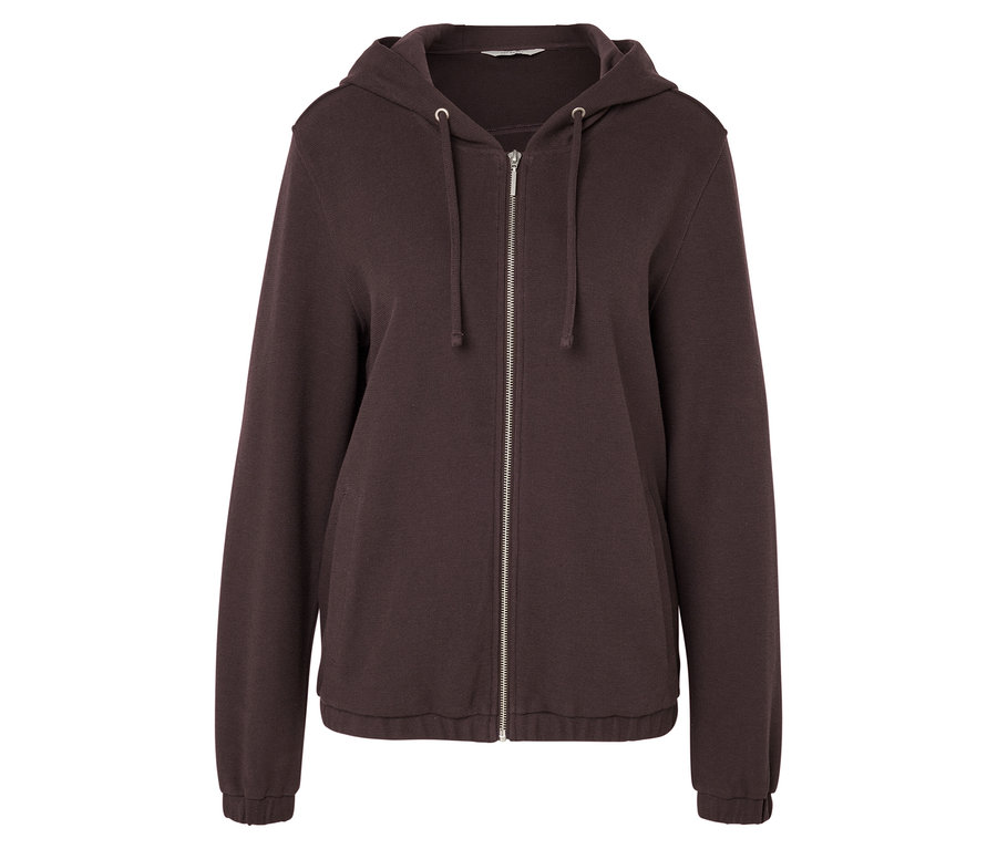 Brązowa bluza z kapturem zapinana na zamek.