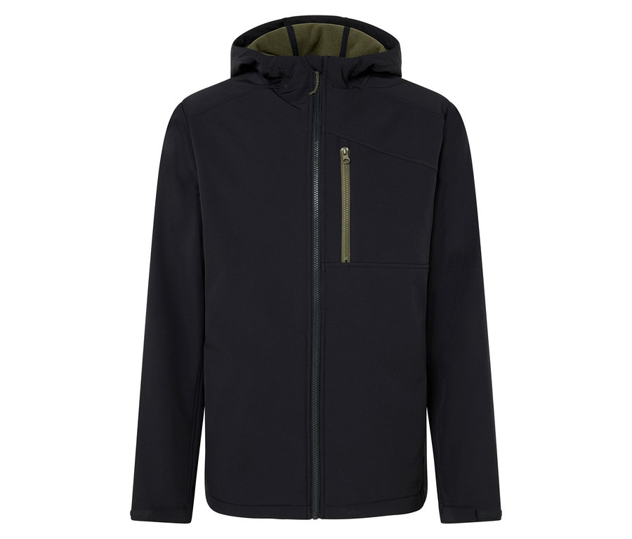 Czarna kurtka z kapturem zapinana na zamek błyskawiczny pośrodku.