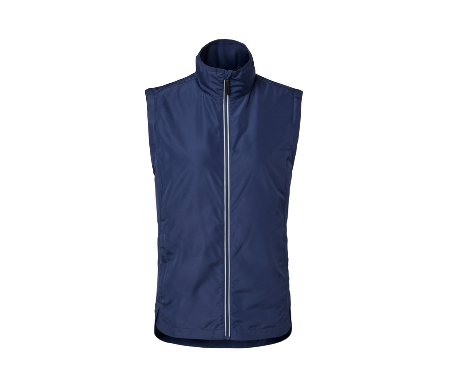 Niebieska kurtka rowerowa 2 w 1 zapinana na zamek błyskawiczny pośrodku.