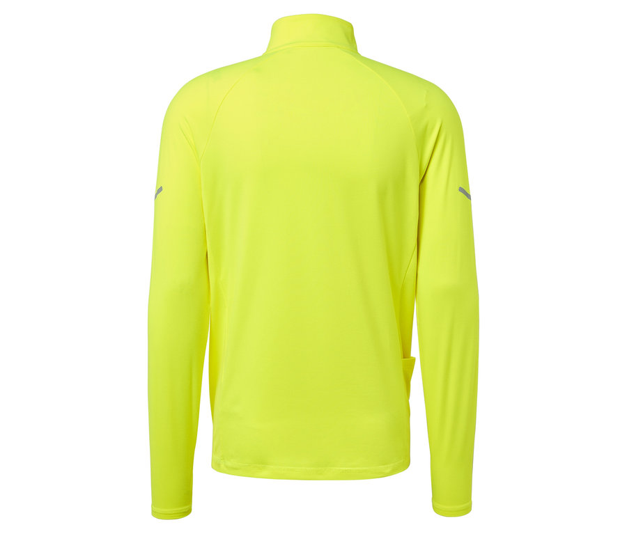Widok z tyłu neonowożółtej koszulki do biegania z długim rękawem i zamkiem błyskawicznym przy szyi.