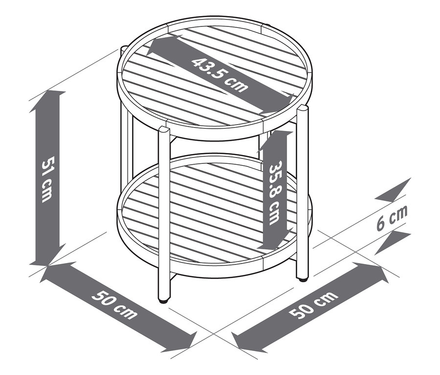 Widok z góry dwupoziomowego stolika bocznego z wymiarami.