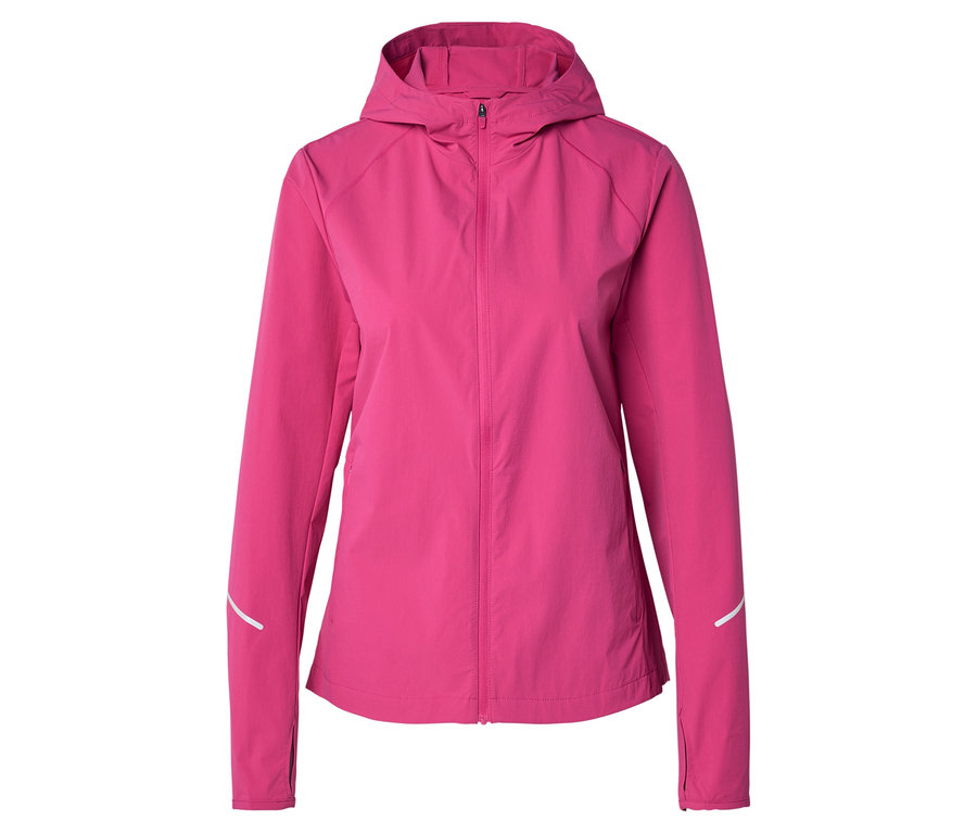 Różowa, podszyta kurtka z kapturem i zamkiem błyskawicznym z przodu, rękawy z odblaskowymi detalami.