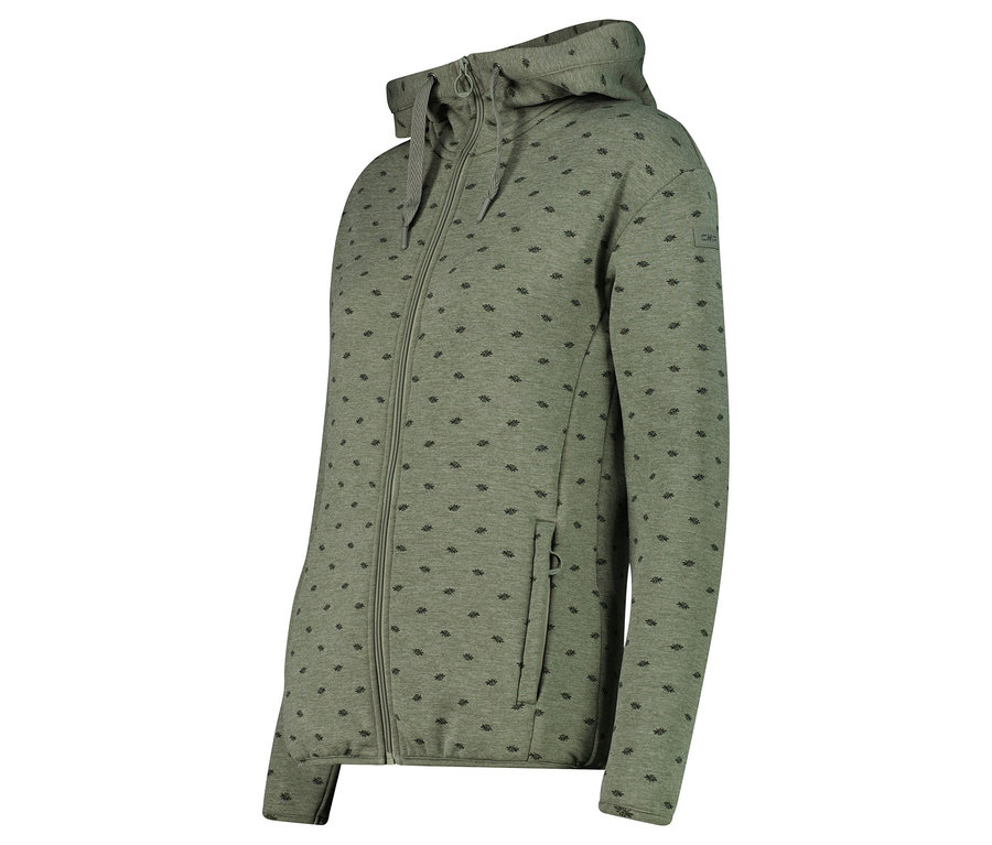 Widok z boku na jasnozieloną bluzę z kapturem zapinaną na zamek i ciemnymi geometrycznymi wzorami.