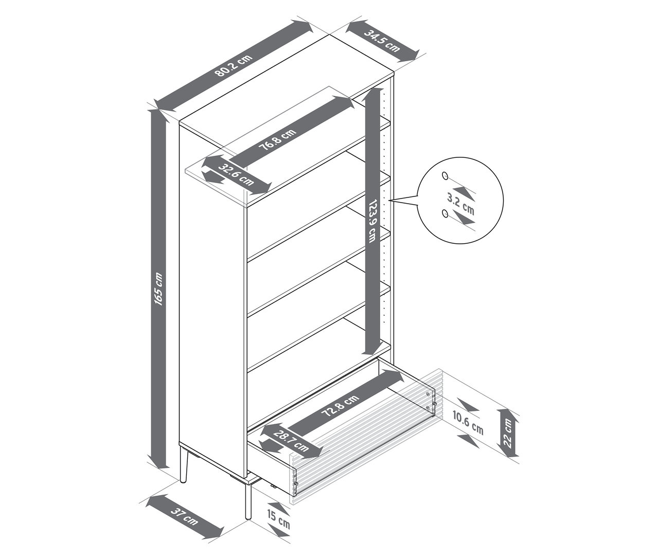 Szczegółowy schemat regału „REET” z lamelami, zawierający wszystkie wymiary.
