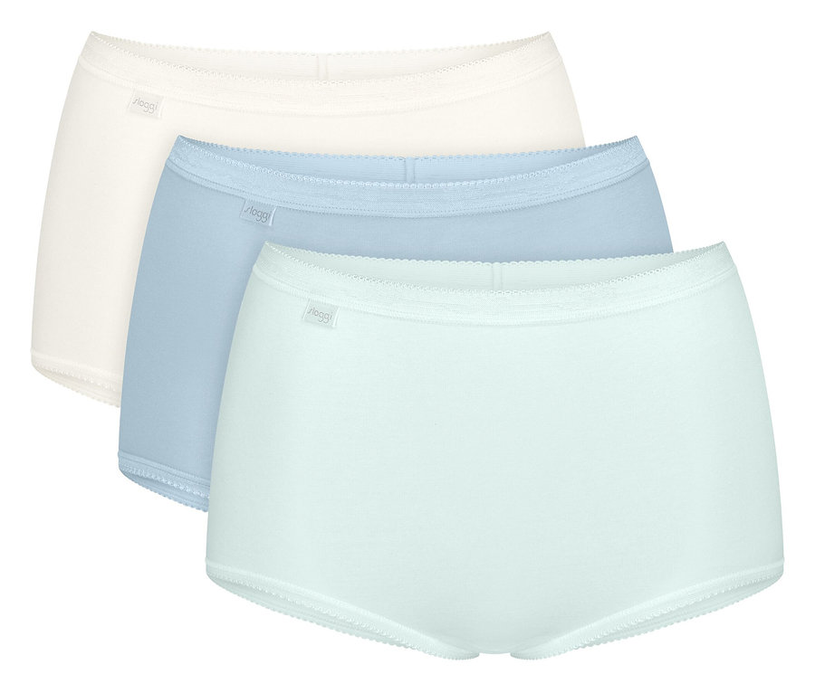 Trzy pary damskich majtek w kolorach białym, jasnoniebieskim i miętowym leżą na sobie.