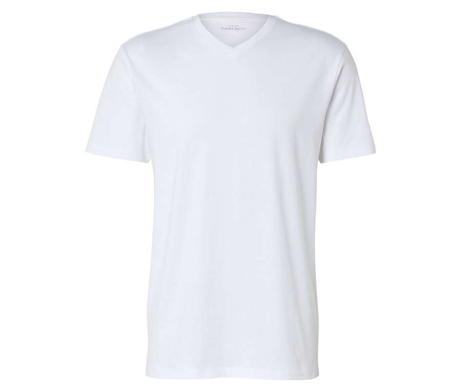 Biały T-shirt z dekoltem w serek leży na białym tle.