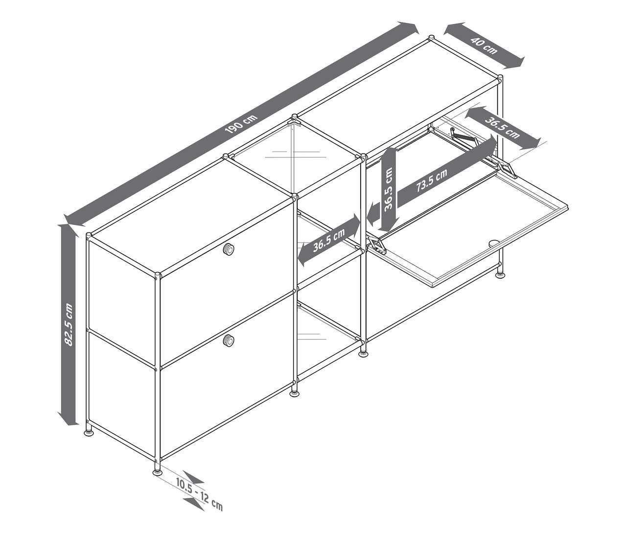 Widok z góry metalowej szafki typu sideboard »CN3« z 4 klapami w różnych kolorach i rozmiarach.