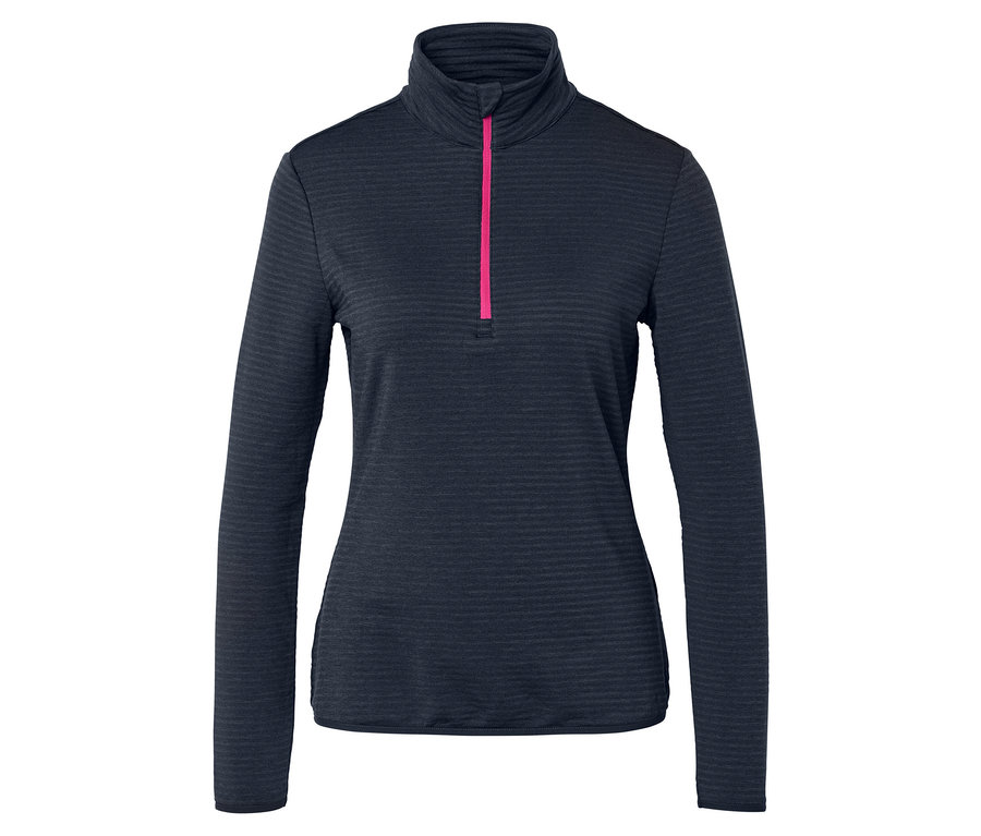 Granatowa bluzka z długim rękawem i różowym zamkiem błyskawicznym.