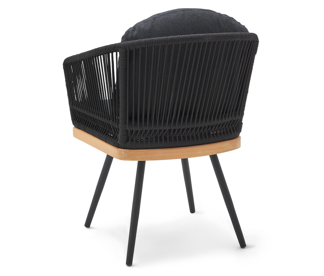 Drehbarer Gartenstuhl mit Textilgeflecht w kolorze czarnym i z naturalnego drewna.