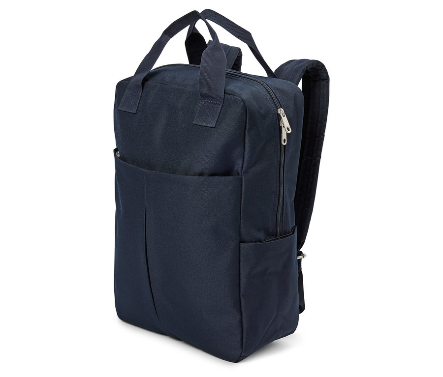 Granatowy plecak z uchwytami i zamkami błyskawicznymi.