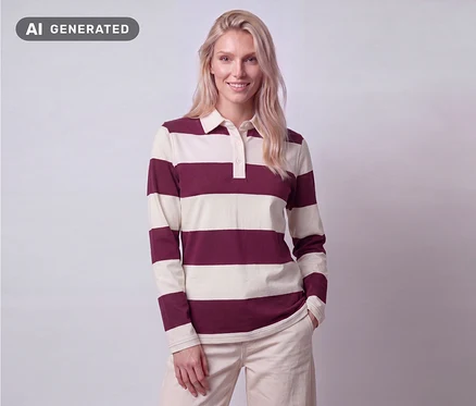Uśmiechnięta blondynka w bordowo-kremowej bluzce w stylu rugby w paski i jasnych spodniach, z ręką w kieszeni.