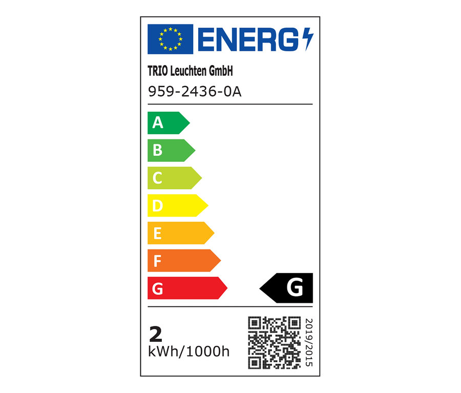 Etykieta energetyczna TRIO Leuchten GmbH, 959-2436-0A, z klasą efektywności energetycznej G i zużyciem 2 kWh/1000h.