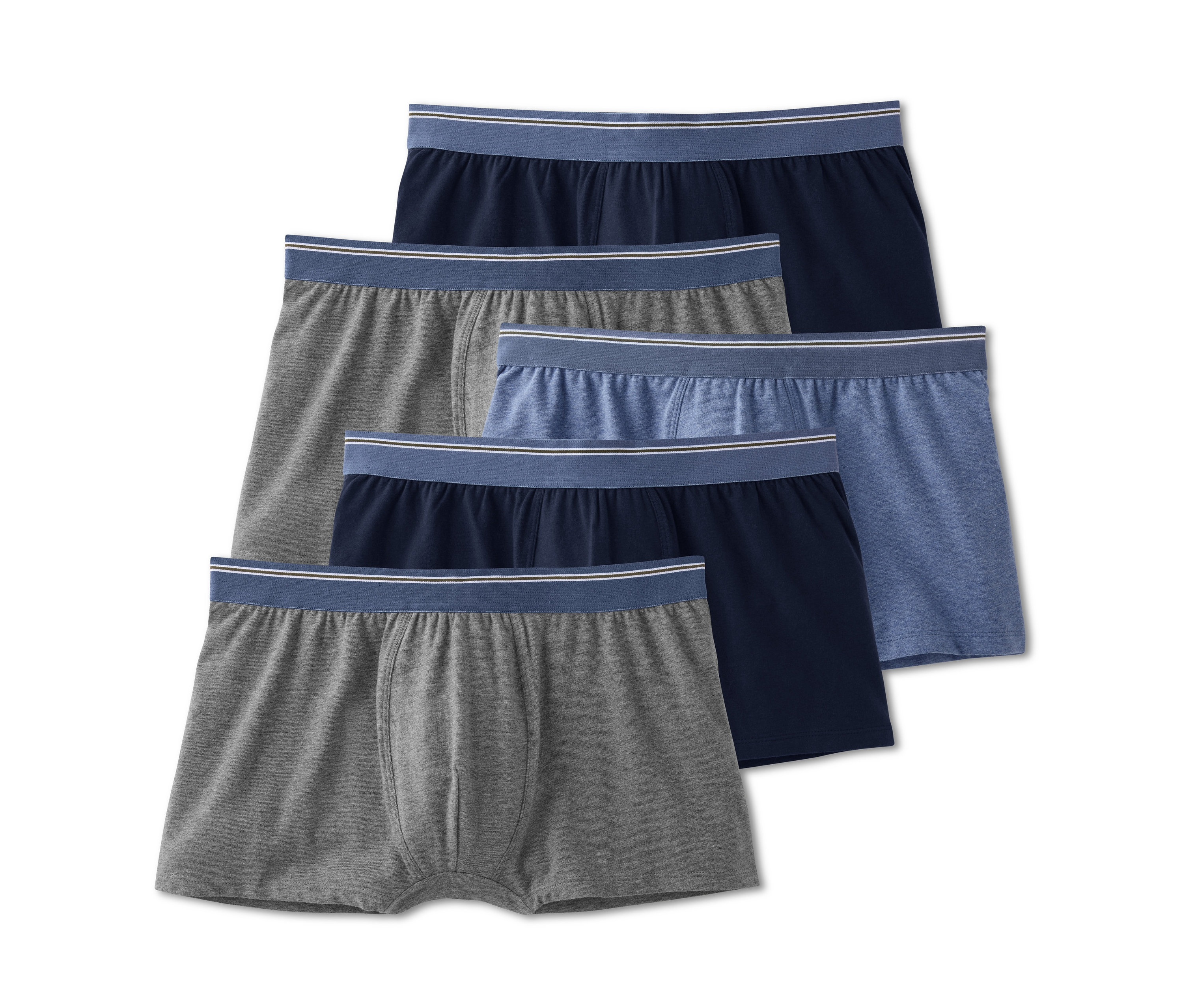 Pięć par bokserek męskich w kolorze szarym, granatowym i niebieskim.