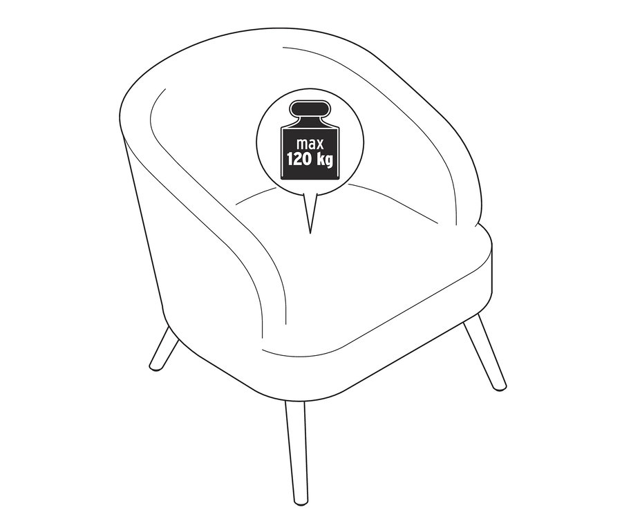 Szkic fotela / fotela z tkaniny bouclé z drewnianymi nogami o maksymalnej nośności 120 kg.