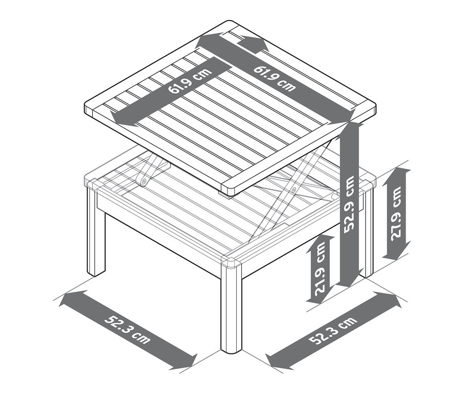 Diagram przedstawia stolik z blatem o regulowanej wysokości i wymiarami.