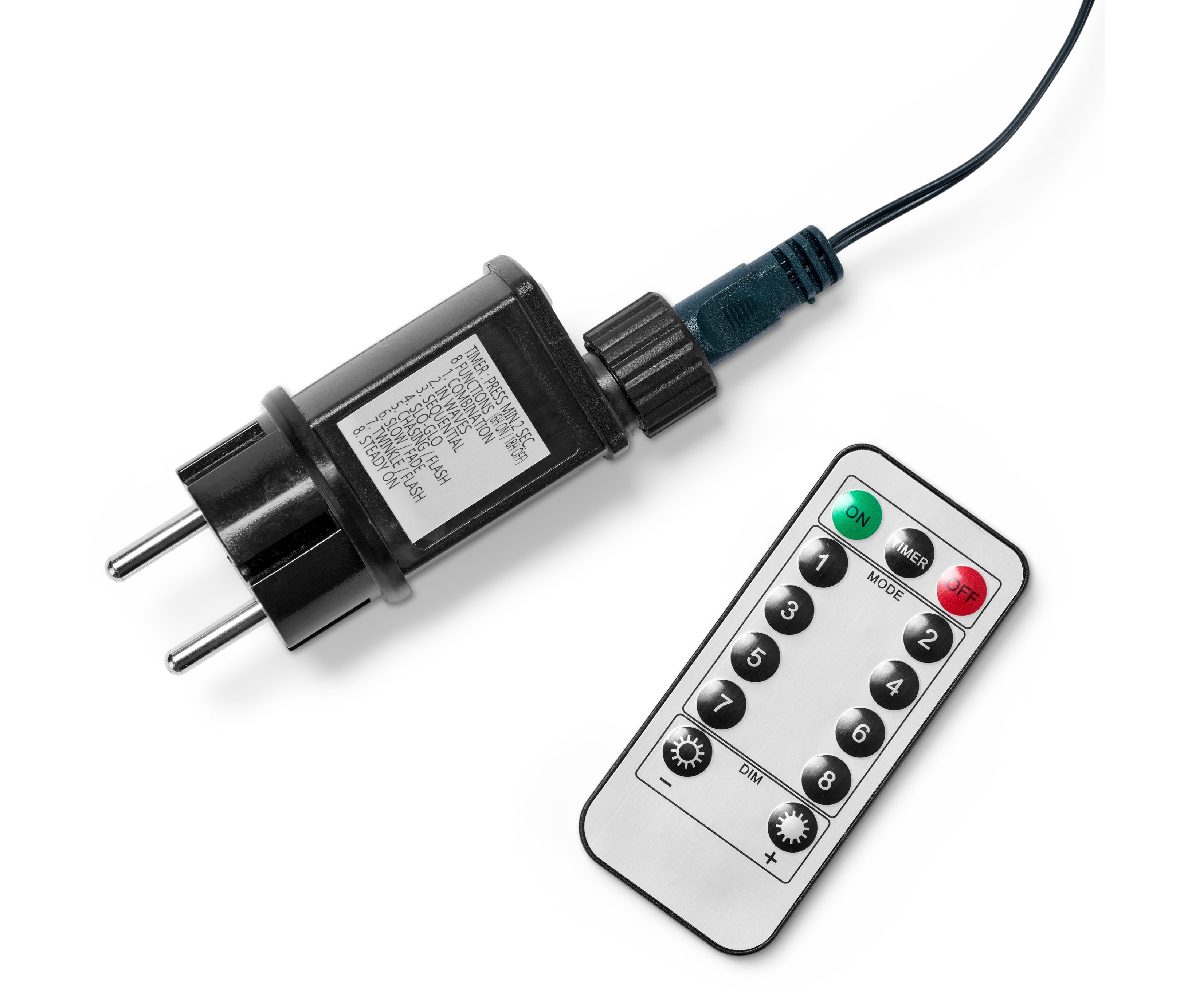 Czarna wtyczka i srebrny pilot z czarnymi przyciskami.