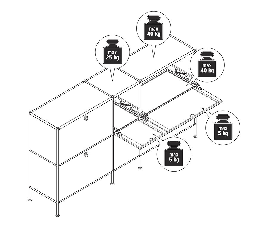 Szkic metalowej szafki typu sideboard »CN3« z 6 komorami z klapami, niektóre klapy są otwarte.