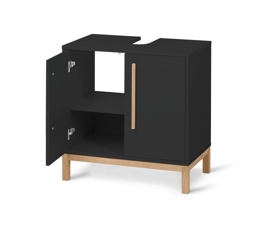 Antracytowa szafka pod umywalkę »Eklund« z otwartymi drzwiami.