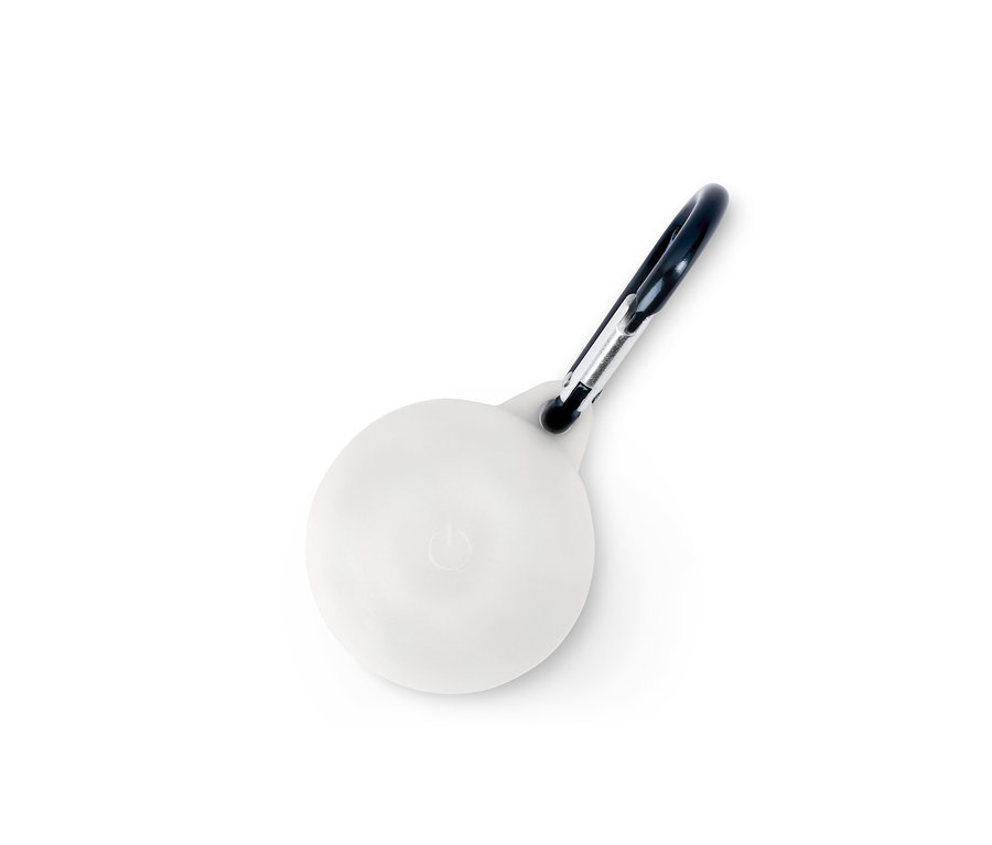 Biała zawieszka LED na obrożę dla psa z karabińczykiem.