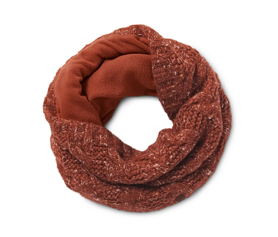 Brązowy szal-komin z dzianiny z polarową podszewką.