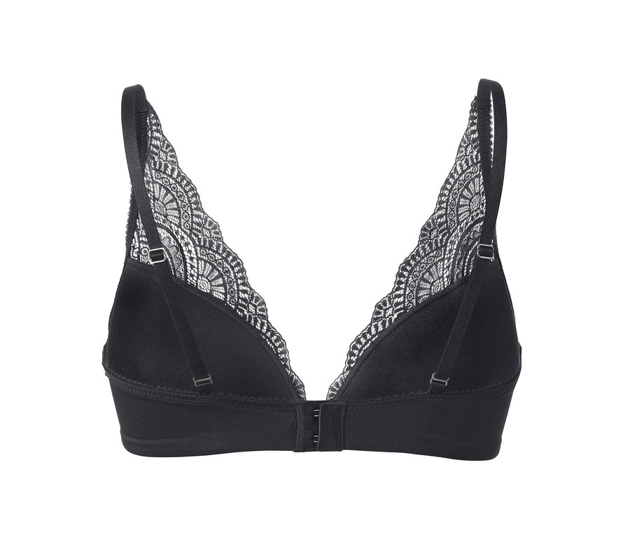 Szczegółowy widok z tyłu czarnego biustonosza na fiszbinach.