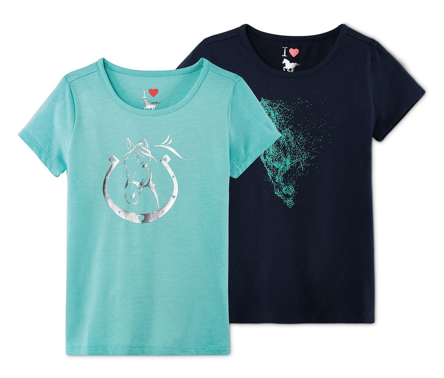 Dwa T-shirty: turkusowy z koniem w podkowie i granatowy z obrazkiem konia.