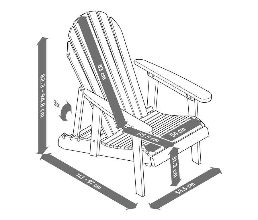 Rysunek pojedynczego fotela wypoczynkowego typu Adirondack z wysuwanym podnóżkiem i wymiarami.