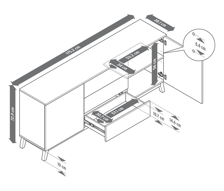 Szkic komody z otwartymi drzwiami i szufladą, z podanymi wymiarami.