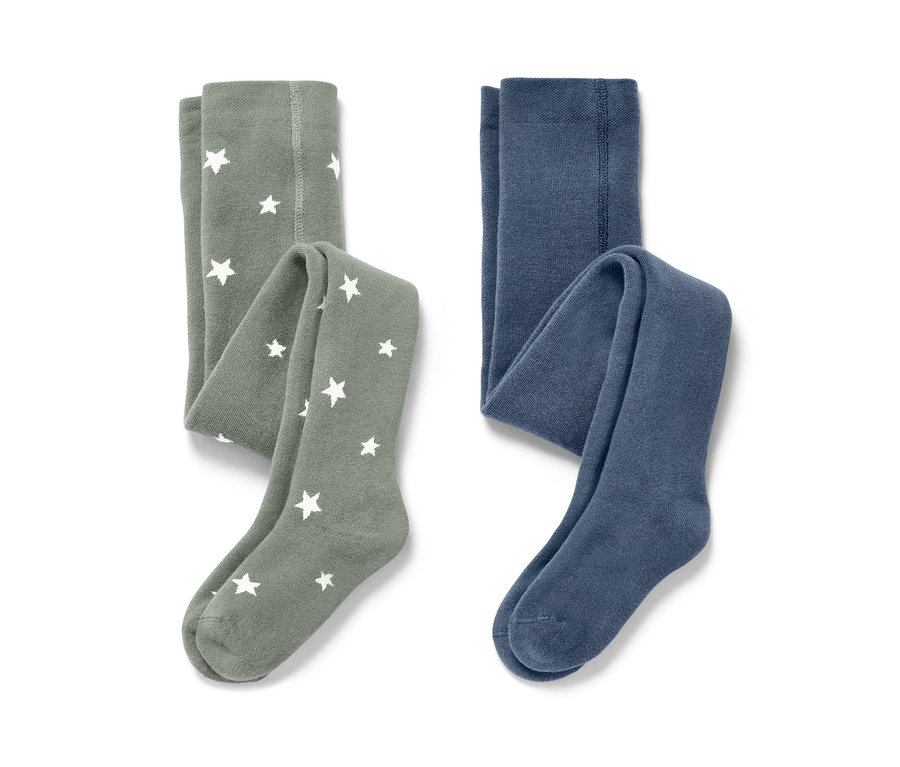 Dziecięce rajstopy termiczne, 2 pary, niebieskie i zielone. Jedne zielone w białe gwiazdki.