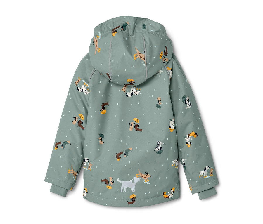 Dziecięca termoaktywna kurtka przeciwdeszczowa we wzór z psami.