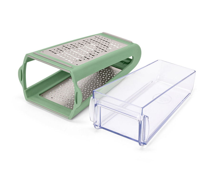 Zielona tarka dwukierunkowa z pojemnikiem leży na białej powierzchni.