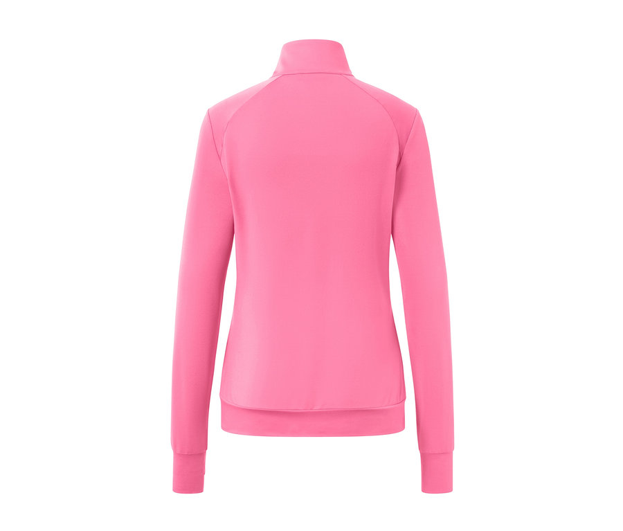 Widok z tyłu różowej, funkcyjnej bluzy rozpinanej.