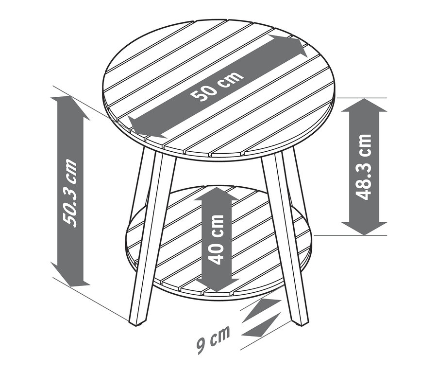 Wymiary szarego stolika dwupoziomowego „Leira”: wysokość 50,3 cm, szerokość 50 cm, głębokość 40 cm, wysokość nóg 9 cm.