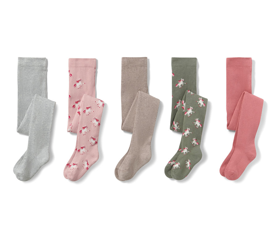 Pięć par bawełnianych rajstop w kolorach szarym, różowym, beżowym, zielonym i czerwonym, z motywem jednorożca.