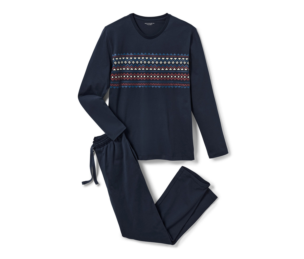 Granatowa piżama z długim rękawem i norweskim wzorem.