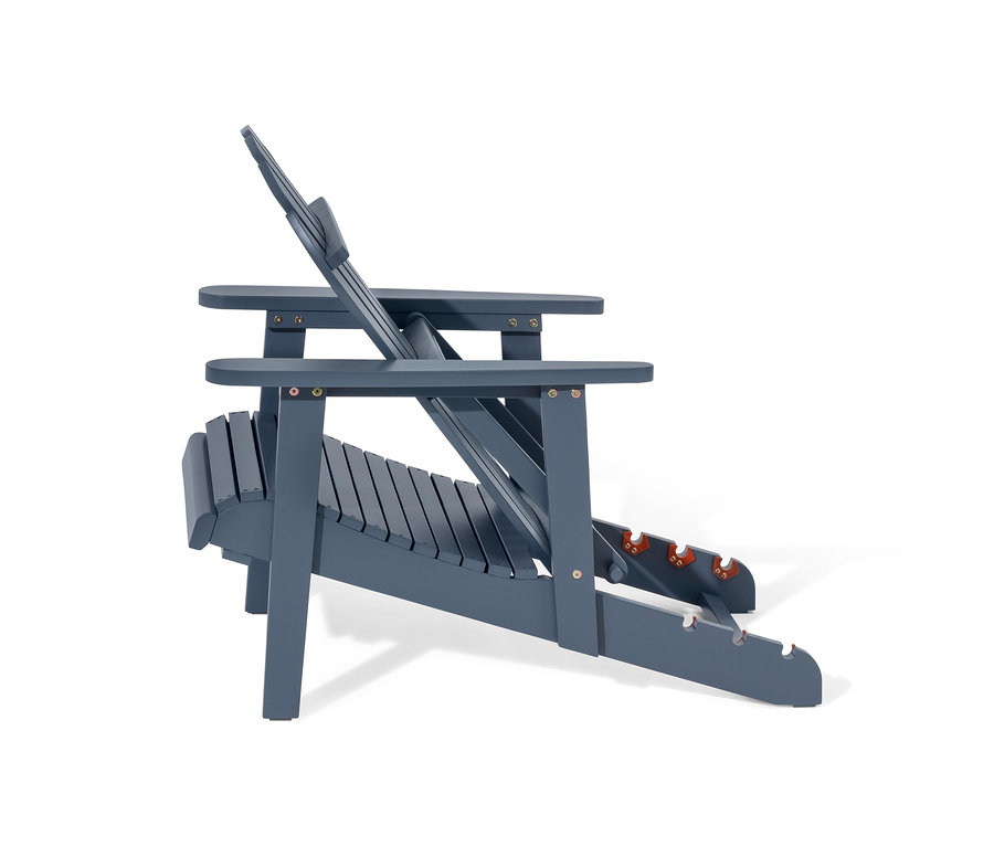Szczegółowy widok z boku pojedynczego fotela wypoczynkowego typu Adirondack z wysuwanym podnóżkiem w kolorze szarym.