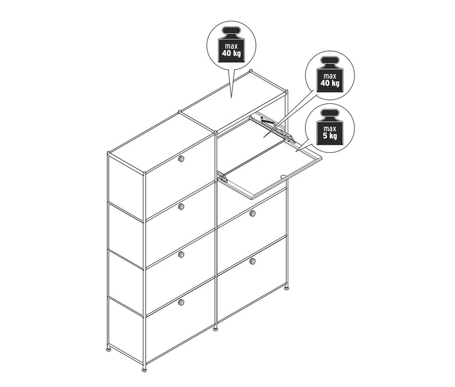 Rysunek szafki typu highboard »CN3« z ośmioma klapami, z których jedna jest otwarta.