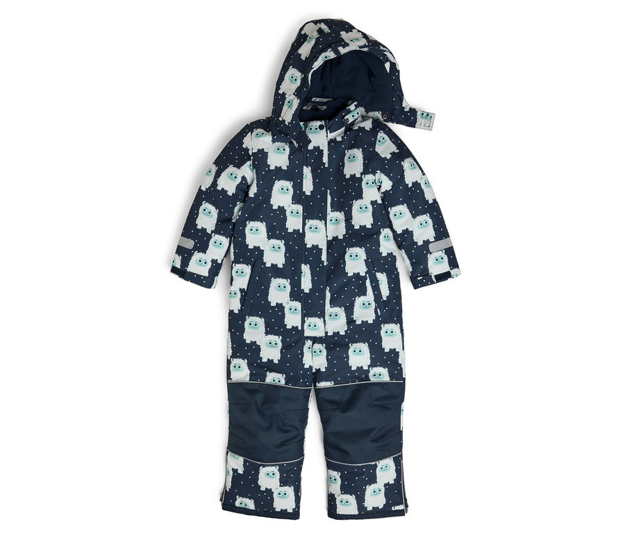 Granatowy kombinezon dziecięcy z kapturem, pokryty białymi postaciami z kreskówek.