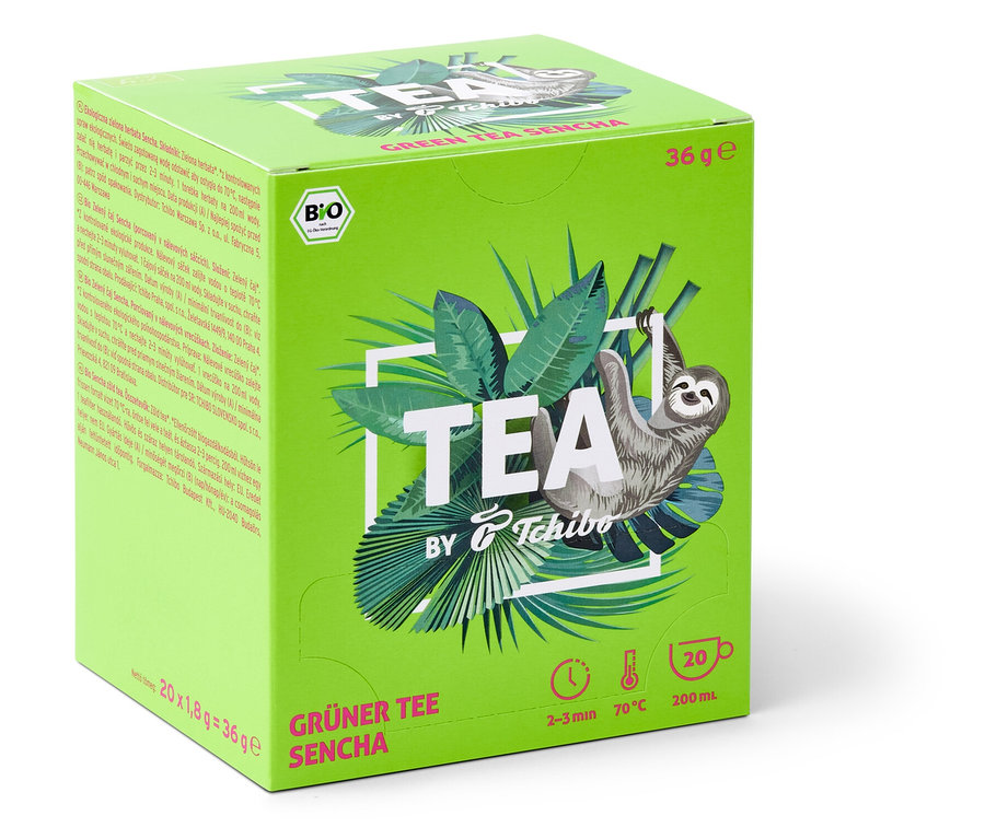 Opakowanie herbaty BIO TEA by Tchibo Sencha z grafiką leniwca.
