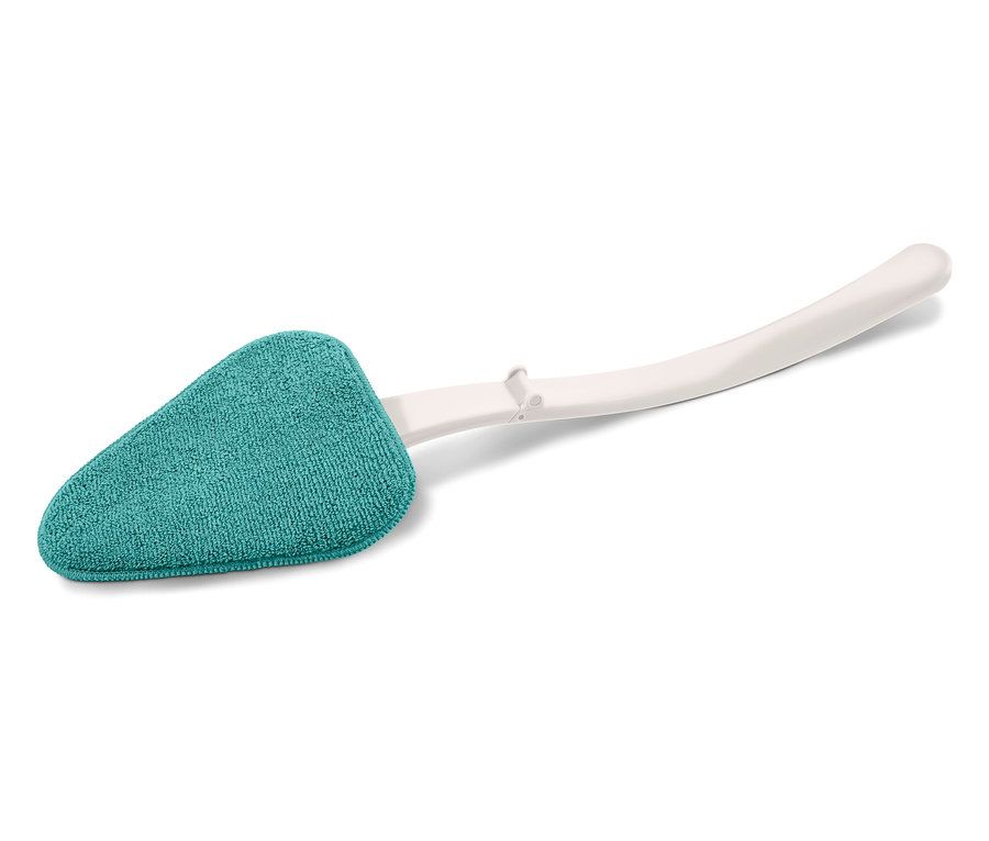 Narzędzie do czyszczenia z niebiesko-zieloną głowicą z tkaniny i białym plastikowym uchwytem.