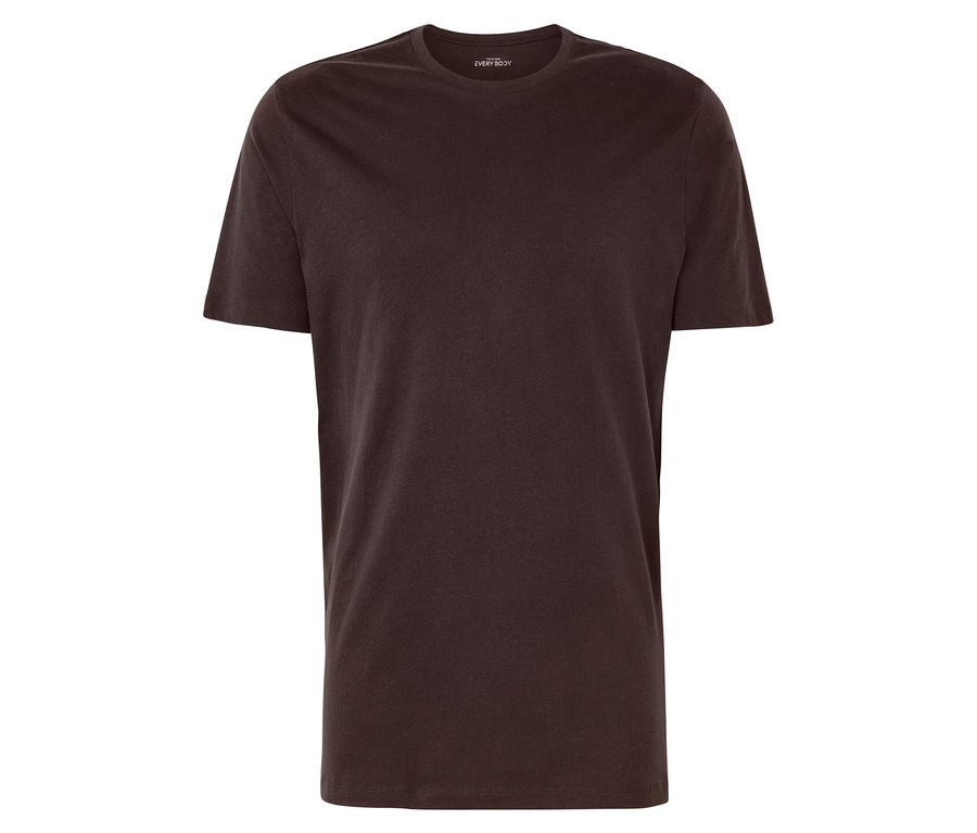Brązowy T-shirt z krótkim rękawem na białym tle.