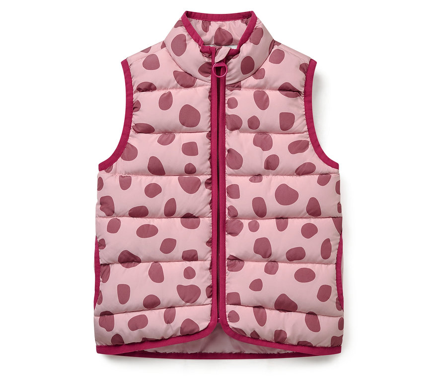 Różowa pikowana kamizelka w bordowe kropki z bordowym obszyciem.