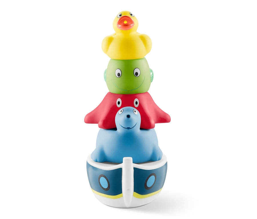 Ułożone jeden na drugim zabawki do kąpieli - zwierzątka do pryskania wodą, 5 sztuk: żółta kaczka, zielona ośmiornica, czerwona rozgwiazda i niebieski foka w łodzi.