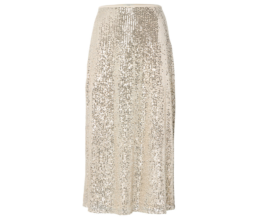 Beżowa spódnica A-line obszyta cekinami.