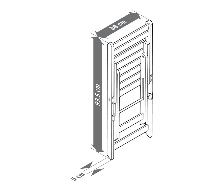 Ilustracja zestawu na balkon „Lenja” z regałem w stanie złożonym. Wymiary zestawu to 93,5 cm x 38 cm x 5 cm.