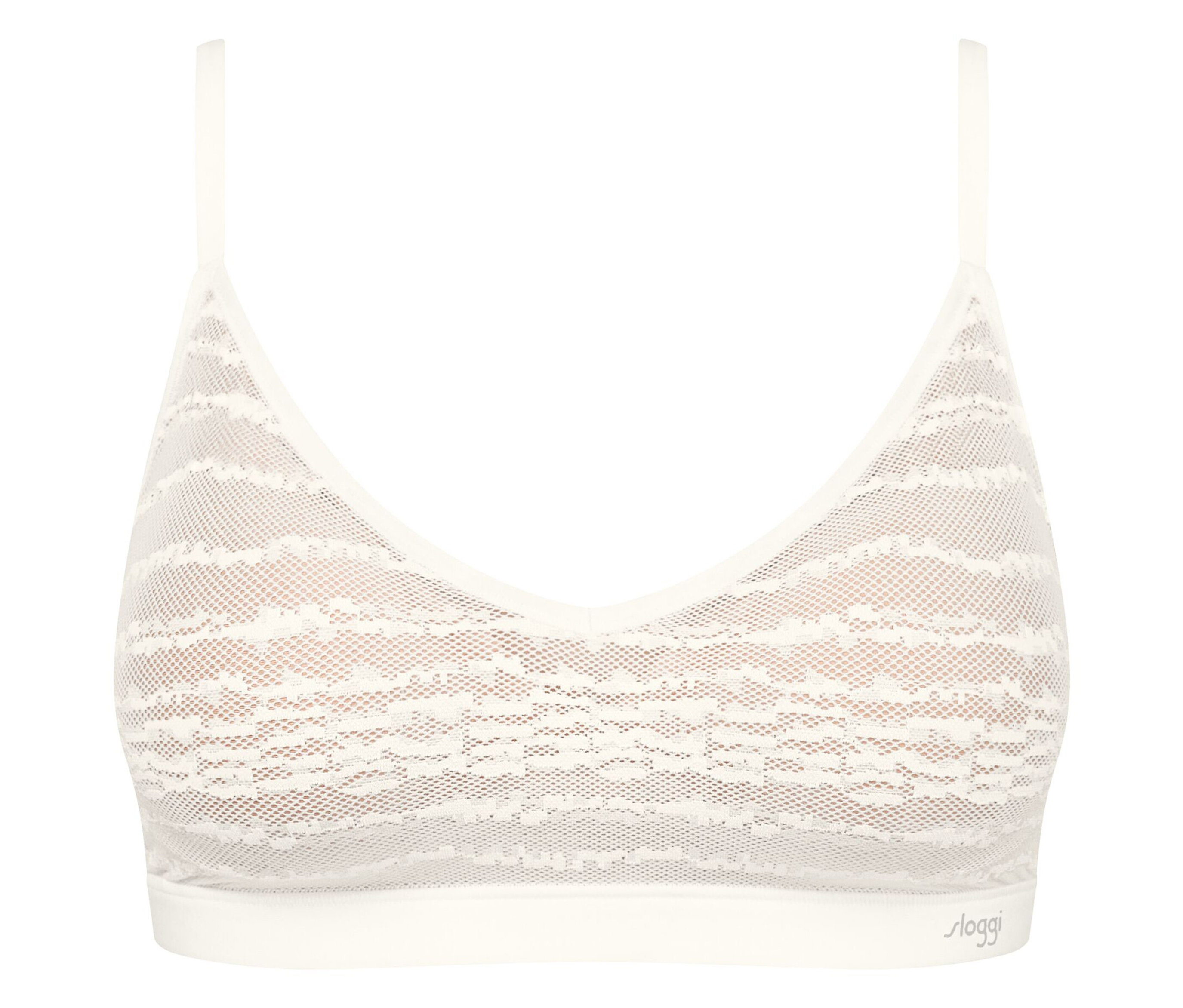 Zbliżenie na biały koronkowy biustonosz z cienkimi ramiączkami.