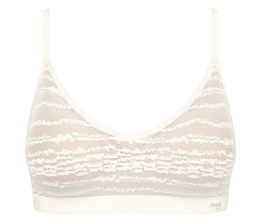 Zbliżenie na biały koronkowy biustonosz z cienkimi ramiączkami.