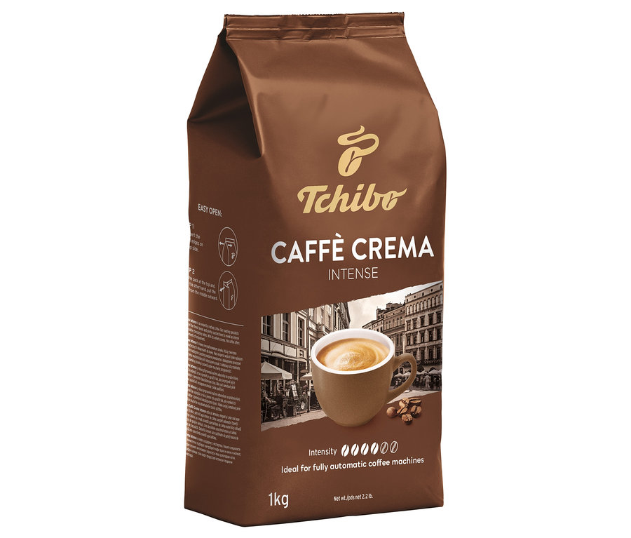Brązowa paczka kawy ziarnistej Caffè Crema Intense marki Tchibo, 1 kg.